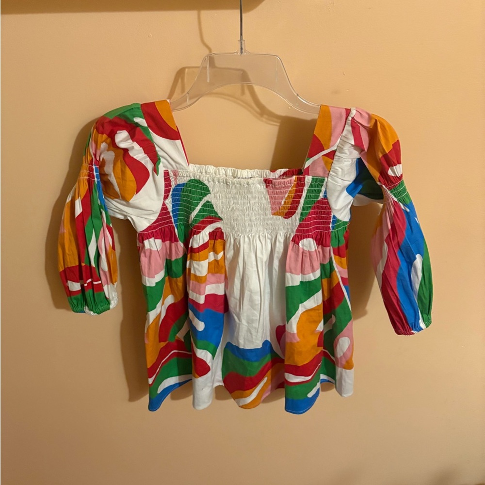 Sheridan French white multicolor leaf print smocked blouse